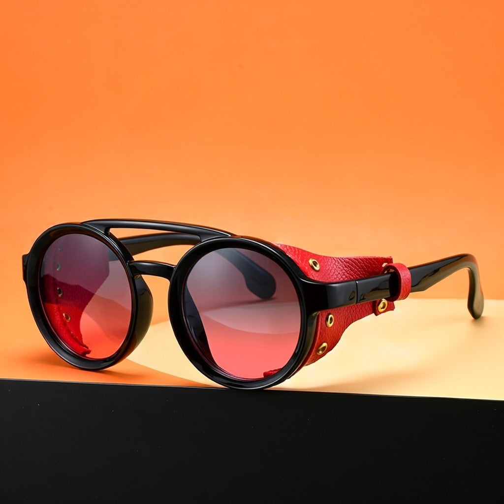 Retro Round Frame Punk Steam Sunglasses Personality Leather Case Sunglasses