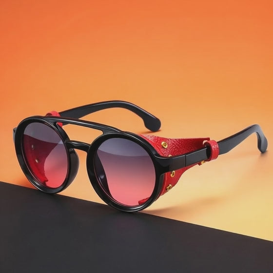 Retro Round Frame Punk Steam Sunglasses Personality Leather Case Sunglasses